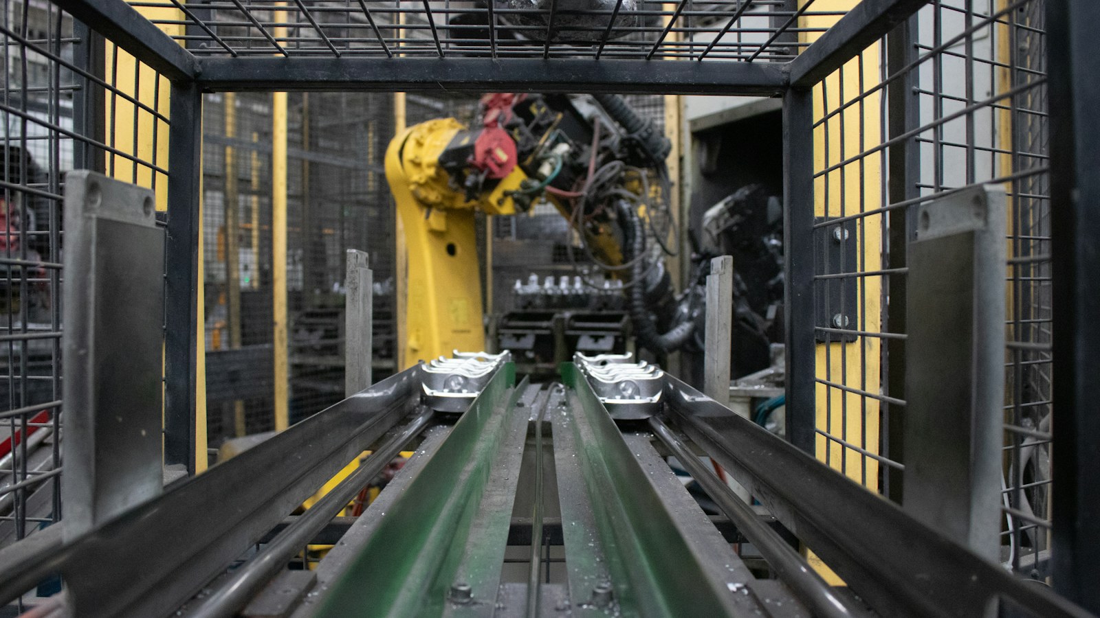 A machine is moving a conveyor belt in a factory