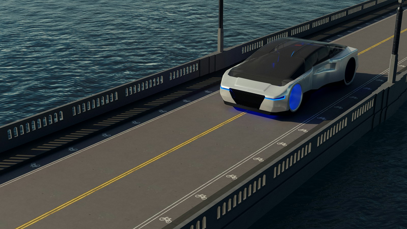 A futuristic car driving on a bridge over a body of water