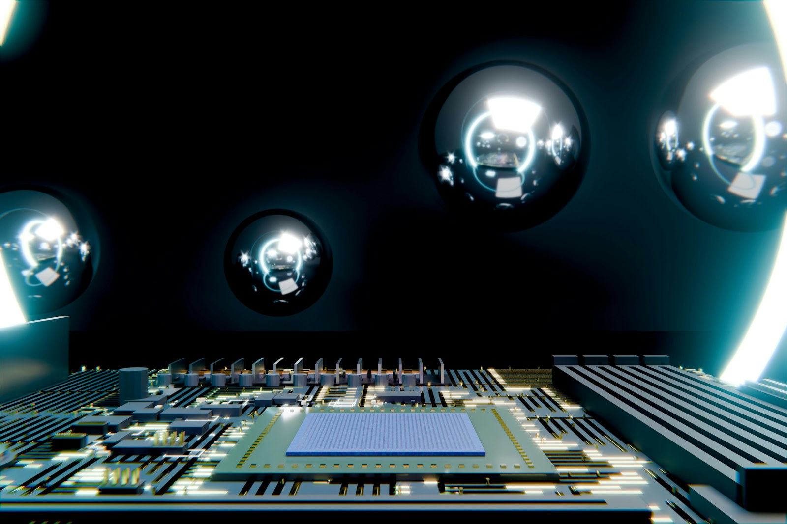 A circuit board with a central chip and reflective spheres