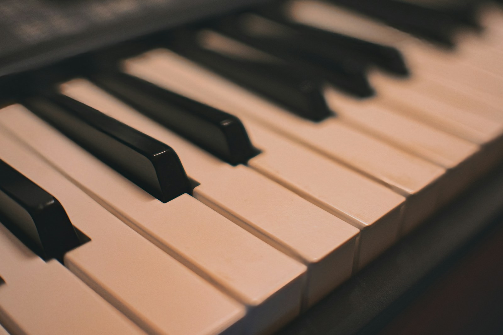 Close-up of black and white piano keys in soft warm light