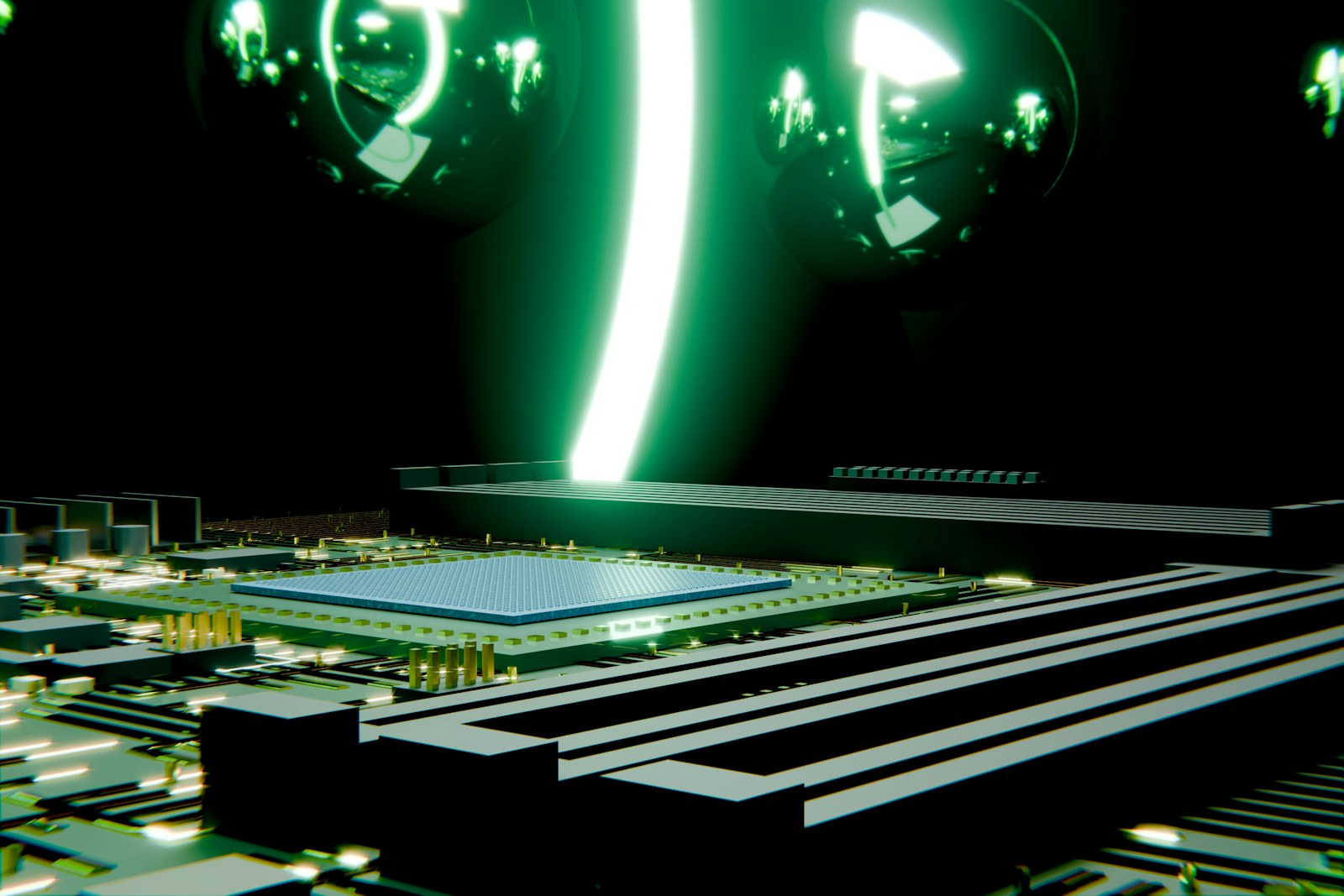 Futuristic circuit board with glowing green data beam